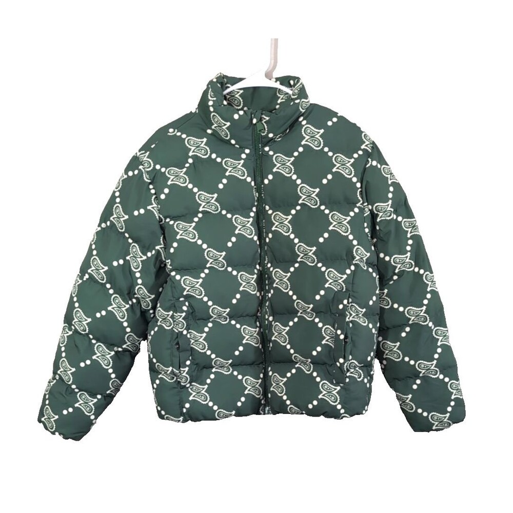 Maison Article Puffer Jacket Women's SMALL Green Paisley Snap Pockets Boho